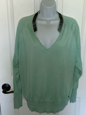 Versace Collection Mint Green V-Neck Sweater with Black Trim Accents